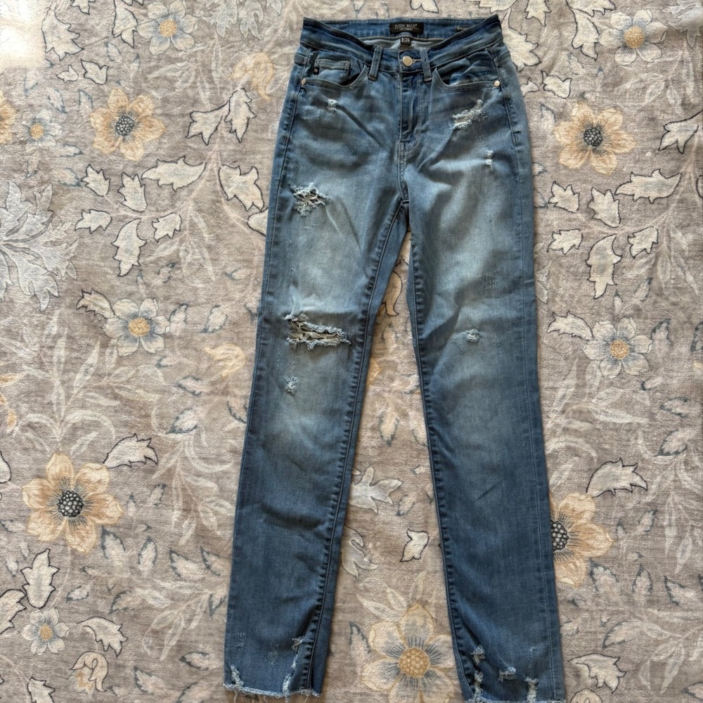 Judy Blue Straight Fit‎ Jeans Womens 3/26 Blue Excellent Distressed Frayed Hem